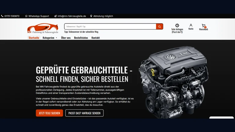 MN Fahrzeugteile – Ansicht des umgesetzten Webprojekts