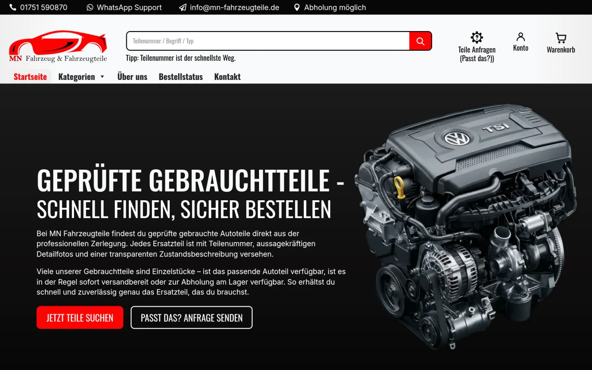 Projektansicht des Shops MN Fahrzeugteile mit Produktsuche und Kontaktwegen